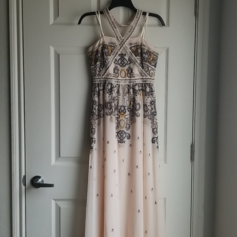BCBGMaxazria Long Gown-Grey & Golden Yellow Detail